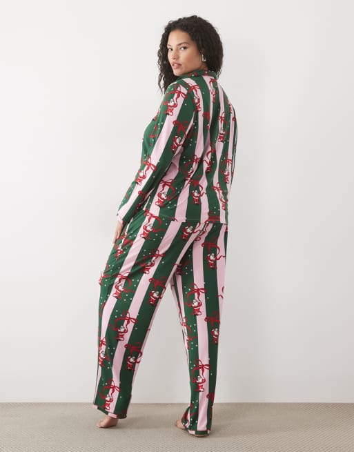 Urban Threads Curve Christmas long sleeve tie front shirt and trouser pyjama set in green stripe santa print, 3 of 4