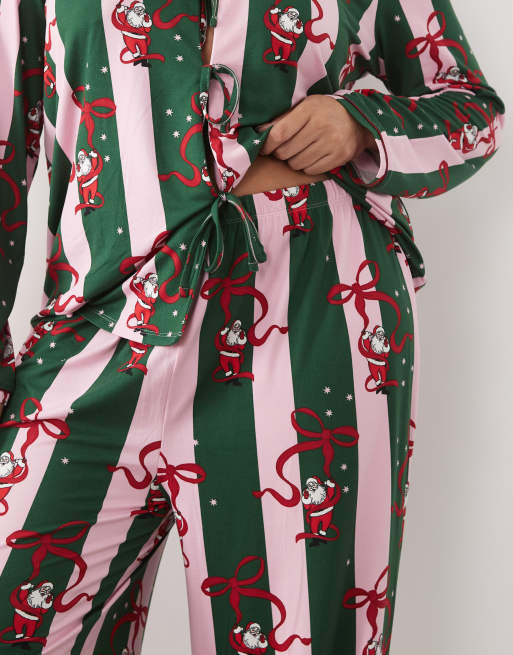 Urban Threads Curve Christmas long sleeve tie front shirt and trouser pyjama set in green stripe santa print, 4 of 4