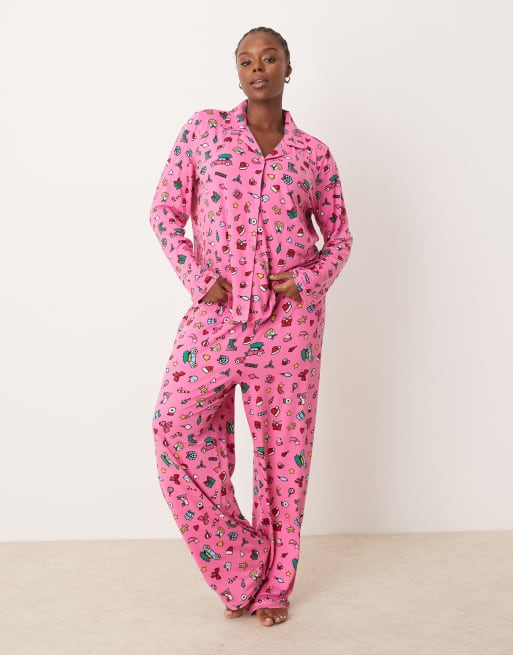 Urban Threads Curve Christmas poly long sleeve revere top and trouser pyjama set in festive print ASOS