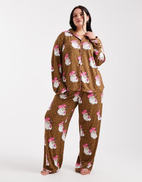 Urban Threads Curve Christmas Santa leopard print pajama set in brown - view 1