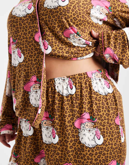 Urban Threads Curve Christmas Santa leopard print pajama set in brown