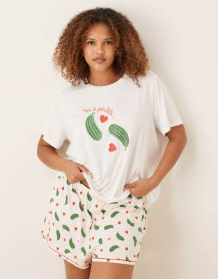 Curve - Ensemble de pyjama en jersey à imprimé cornichon avec short et t-shirt-Multicolore 48