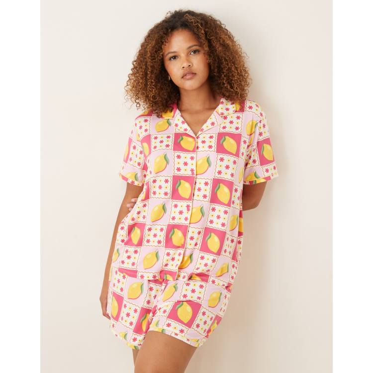 Urban Threads Curve jersey camp collar top and shorts pajama set