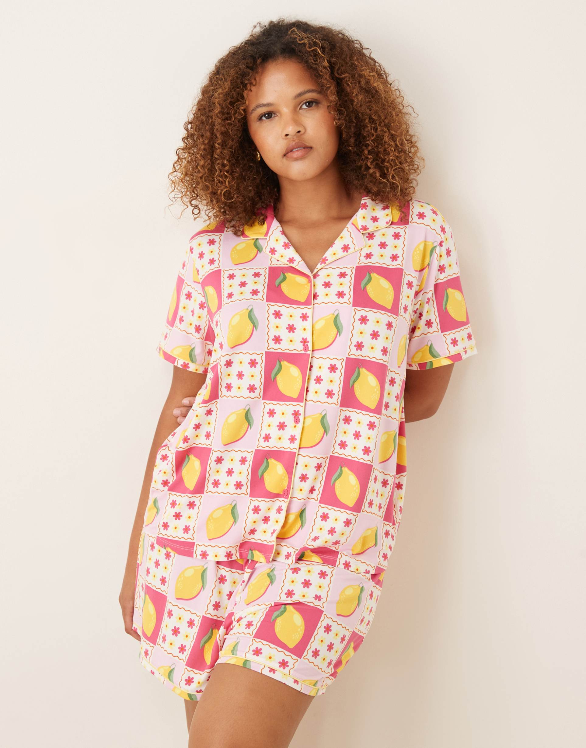 urban threads curve jersey camp collar top and shorts pajama set in pink and yellow lemon print