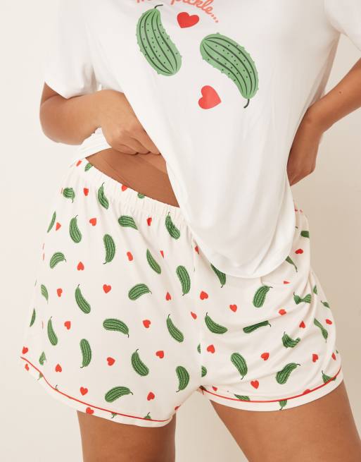 Urban Threads Curve jersey t-shirt and shorts pajama set in pickle heart print, 3 of 4