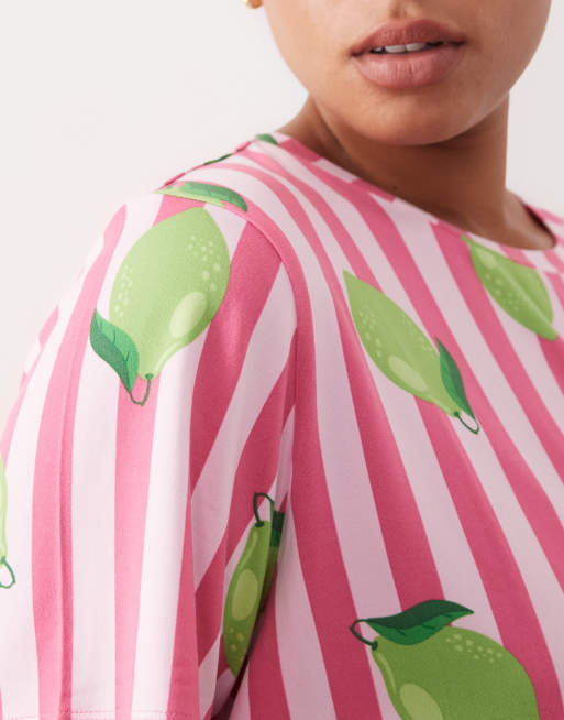 Urban Threads Curve jersey t-shirt and shorts pajama set in pink striped lime print, 2 of 4