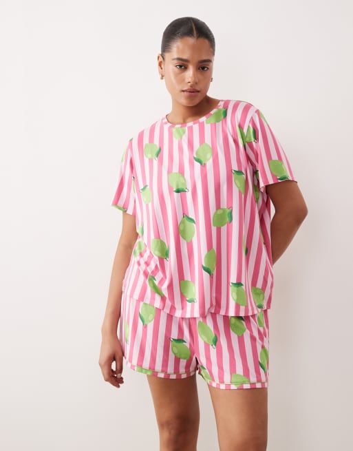 Urban Threads Curve jersey t-shirt and shorts pajama set in pink striped lime print, 3 of 4