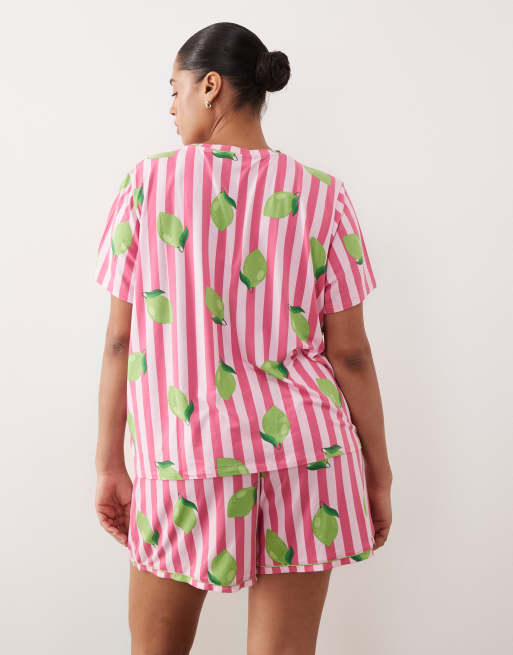 Urban Threads Curve jersey t-shirt and shorts pajama set in pink striped lime print, 4 of 4