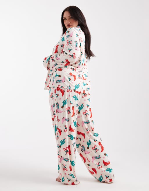 Urban Threads Curve – Jul – Cowboymönstrad pyjamas med långärmad topp med platt krage och byxor, 2 av 4