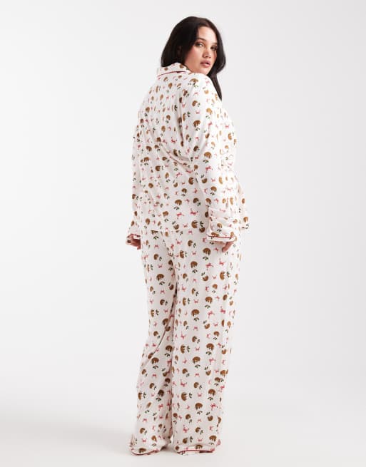 Urban Threads Curve – Långärmad pyjamas med byxor och långärmad tröja och platt krage i juligt puddingmönster, 4 av 4