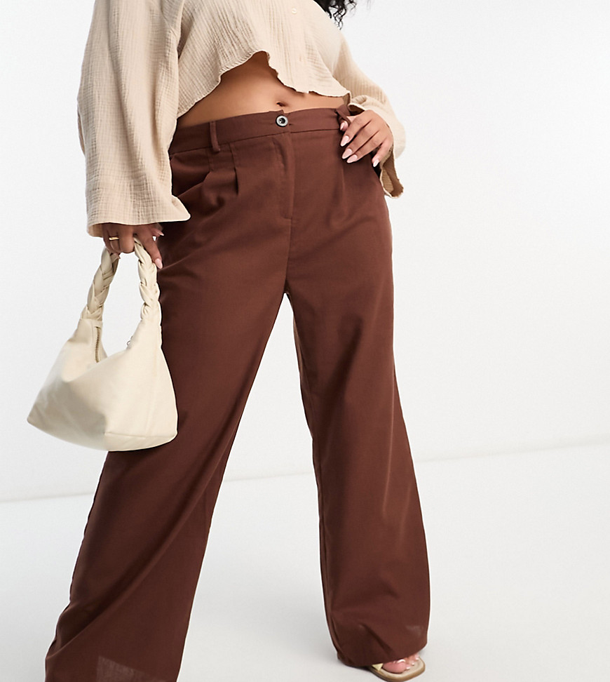 Urban Threads Curve linen blend wide leg trousers co-ord in chocolate brown