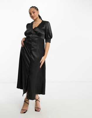 Urban Threads Curve - Midikleid aus Satin in Schwarz mit Knopfleiste-Black