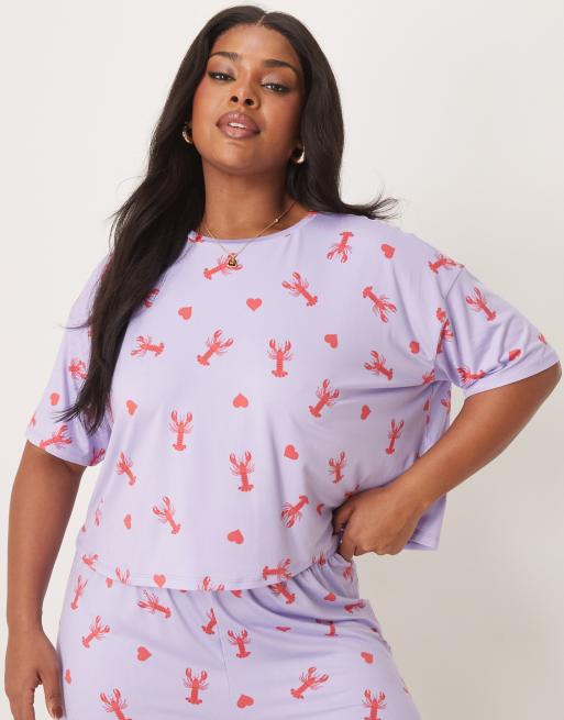 Urban Threads - Curve - Oversized cropped T-shirt met print van kreeften en hartjes, deel van co-ord set