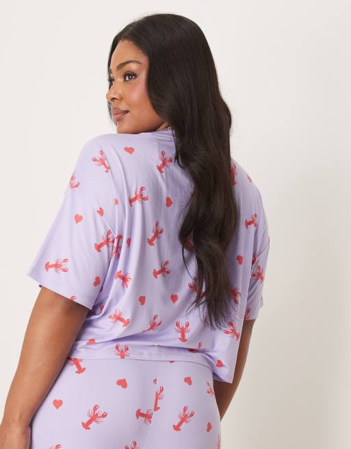 Urban Threads - Curve - Oversized cropped T-shirt met print van kreeften en hartjes, deel van co-ord set, 3 van 4