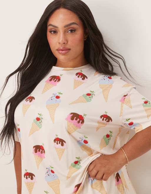 Urban Threads Curve oversized pajama top and shorts in ice cream print
