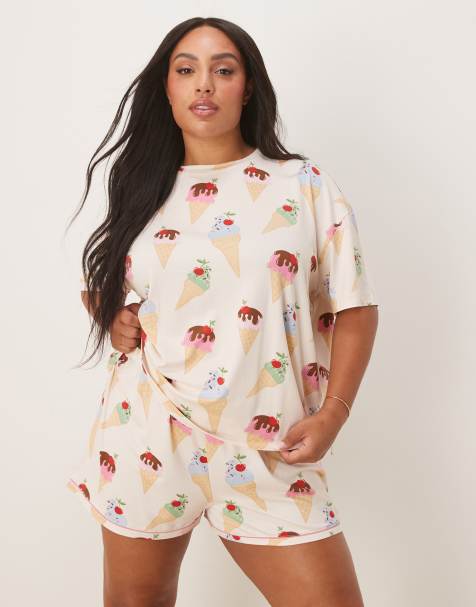 Urban Threads Curve oversized pyjama  top and shorts in ice cream print - view 1