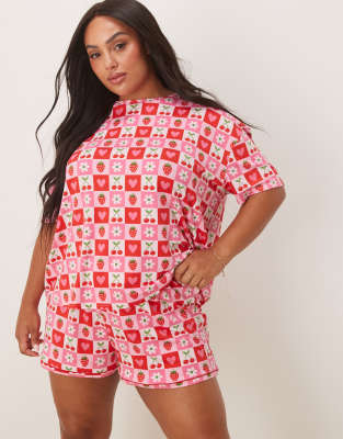 Urban Threads Urban Threads Curve oversized pyjama top and shorts in strawberry and cherry print-Multi