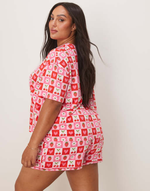 Urban Threads Curve oversized pyjama top and shorts in strawberry and cherry print, 2 of 4