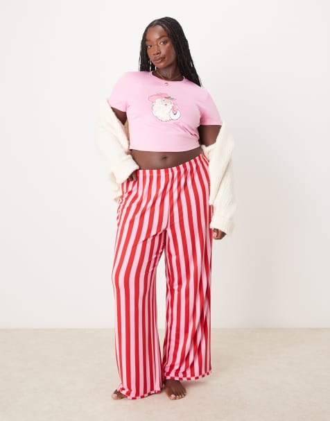 Urban Threads Curve - Pigiama con stampa di cowboy natalizio con felpa a maniche lunghe e joggers in poliestere rosa a righe rosse - view 1