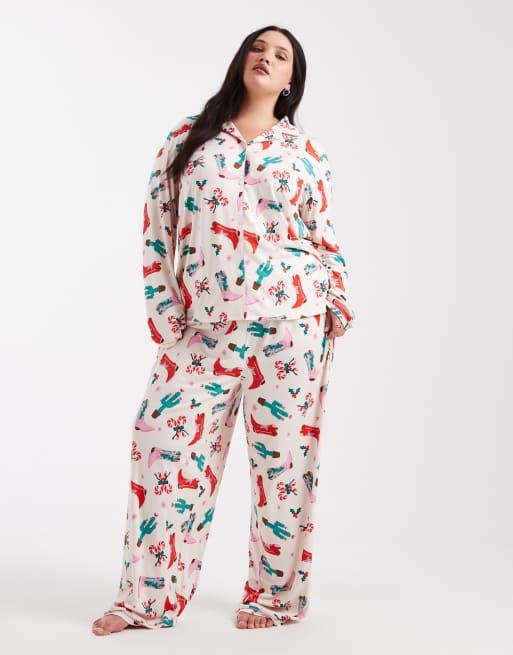 Urban Threads Curve - Pigiama natalizio con stampa cowboy composto da pantaloni e top a maniche lunghe con rever, 4 di 4