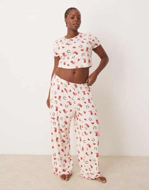 Urban Threads Curve poly t-shirt and pants pyjama set in cowboy boot print, 3 of 4