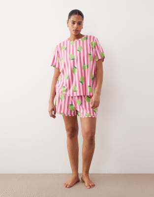 Urban Threads Curve - Pyjama, bestehend aus T-Shirt und Shorts aus Jersey in Rosa gestreift mit Limetten-Print