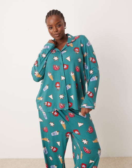 Urban Threads Curve - Pyjama de Noël chemise à manches longues et col à revers et pantalon avec imprimé chocolat chaud en polyester, 4 de 4