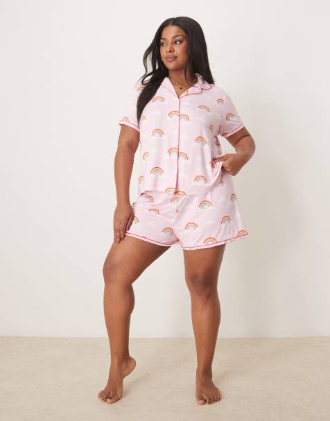 Urban Threads Curve - Pyjama overhemd met korte mouwen en reverskraag en short in regenboogprint - view 1