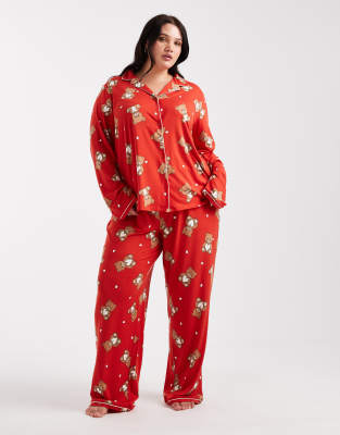 Urban Threads Curve - Pyjama-Set, bestehend aus langärmligem mit Reverskragen und Hose mit weihnachtlichem Teddyprint-Bu...