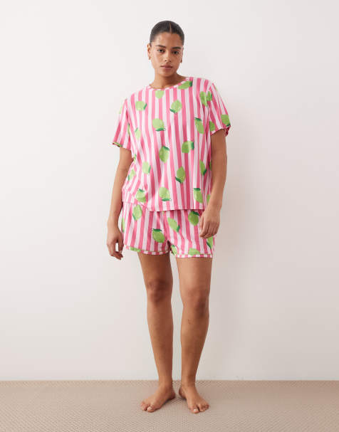 Urban Threads Curve - Pyjamaset van jersey met T-shirt en short in roze strepen met limoenprint - view 1