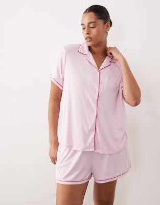 Urban Threads Curve Ribbed Camp Collar Shirt And Shorts Pajama Set In Pink