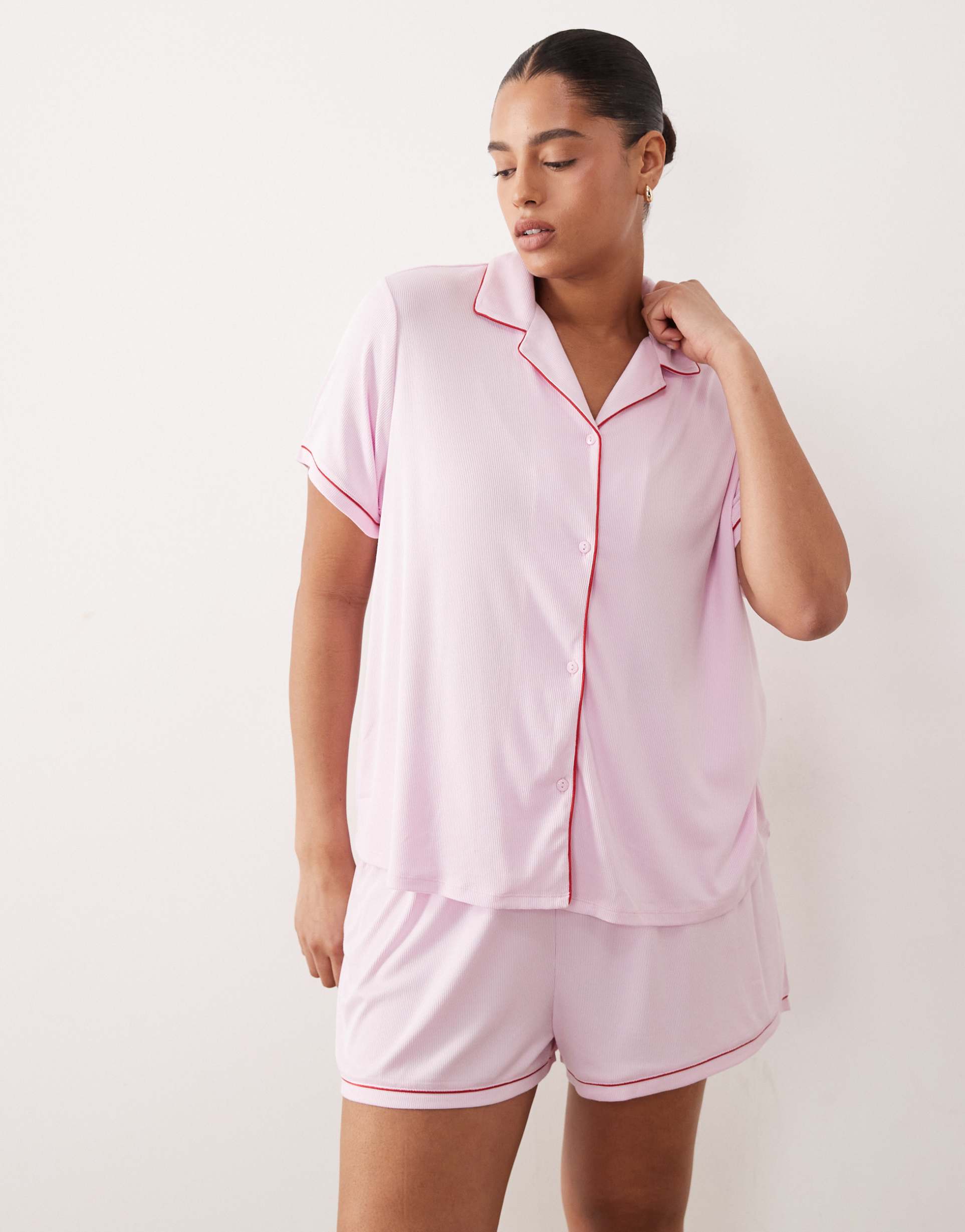 urban threads curve ribbed camp collar shirt and shorts pajama set in pink with red piping