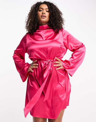 Urban Threads Curve satin high neck waist tie mini dress in fuschia-Pink