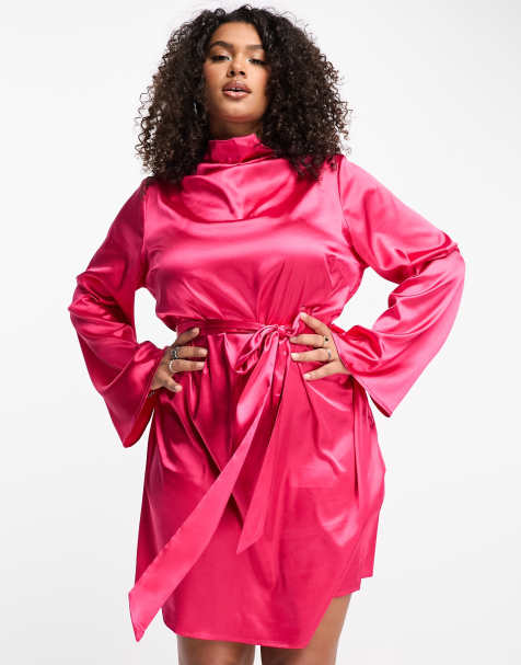 Urban Threads Curve satin high neck waist tie mini dress in fuschia - view 1