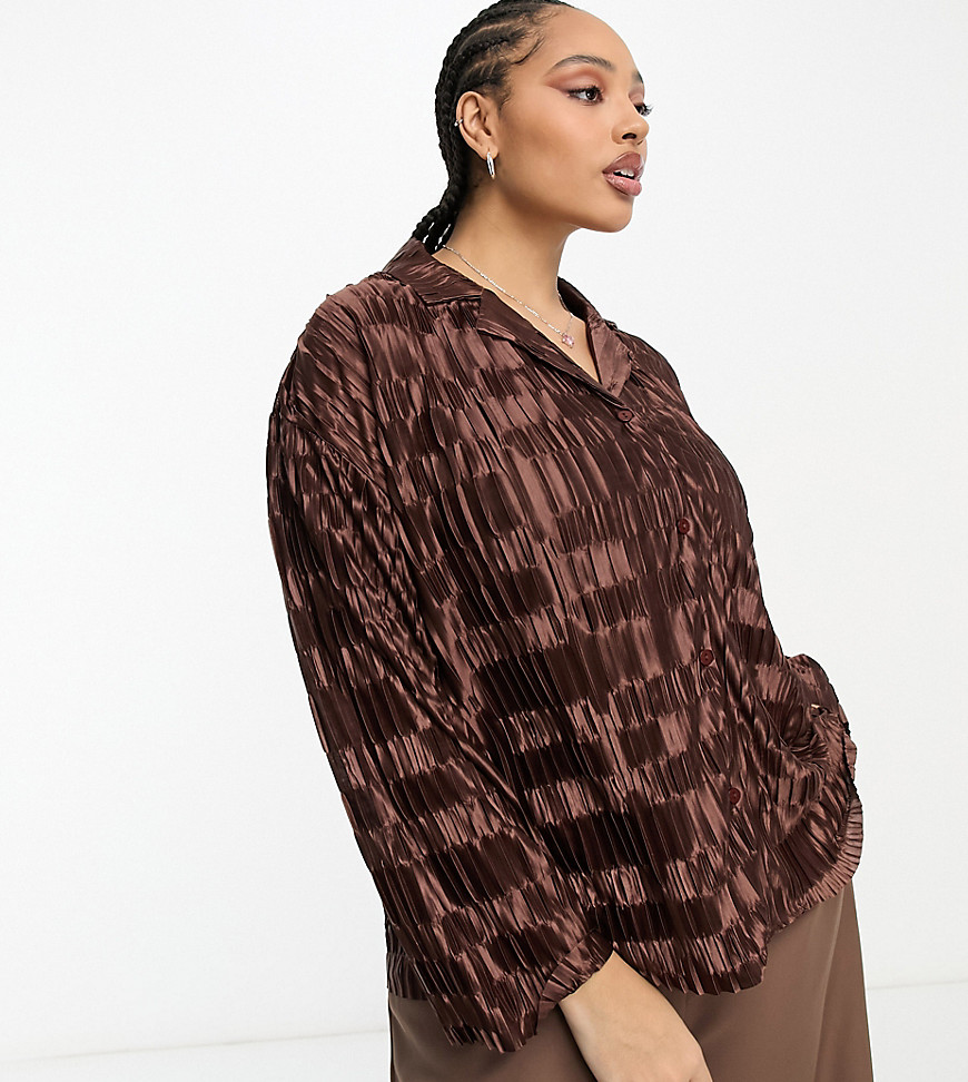 Urban Threads Curve satin plisse oversized shirt co-ord in chocolate brown