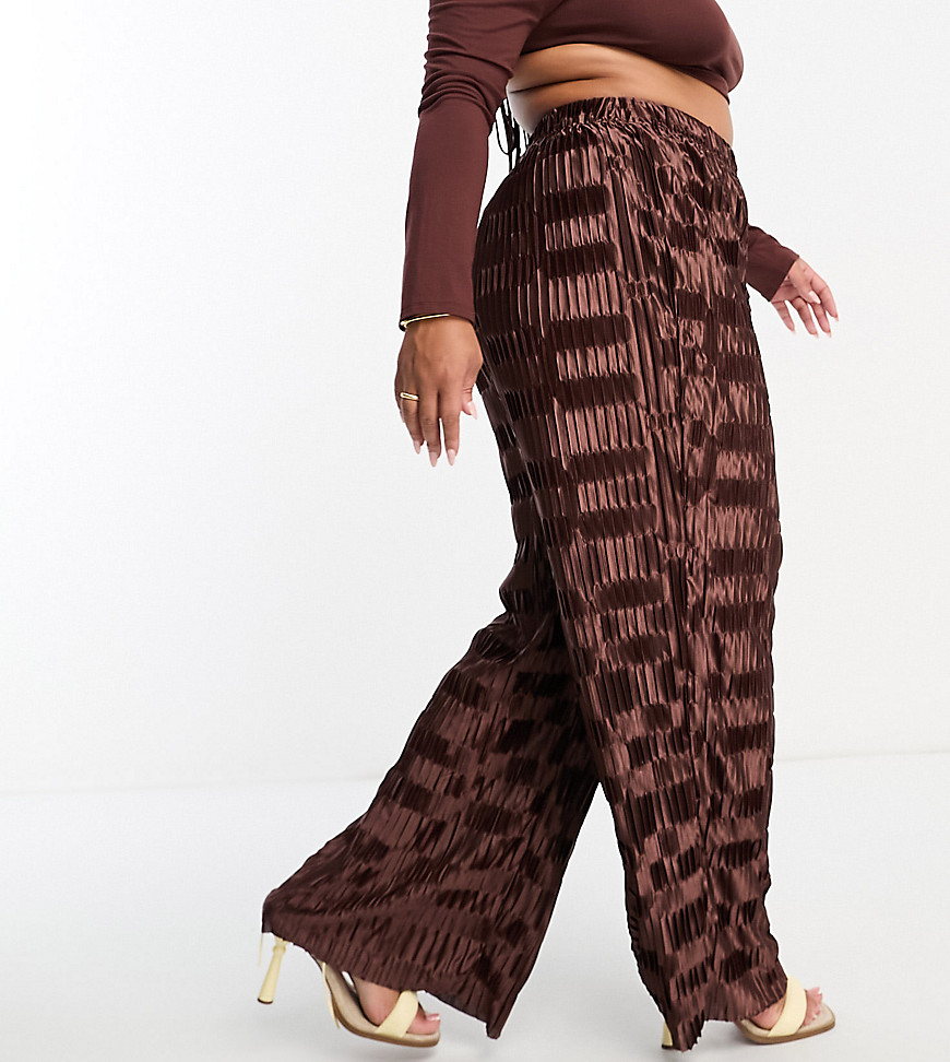 Urban Threads Curve satin plisse wide leg trousers co-ord in chocolate brown