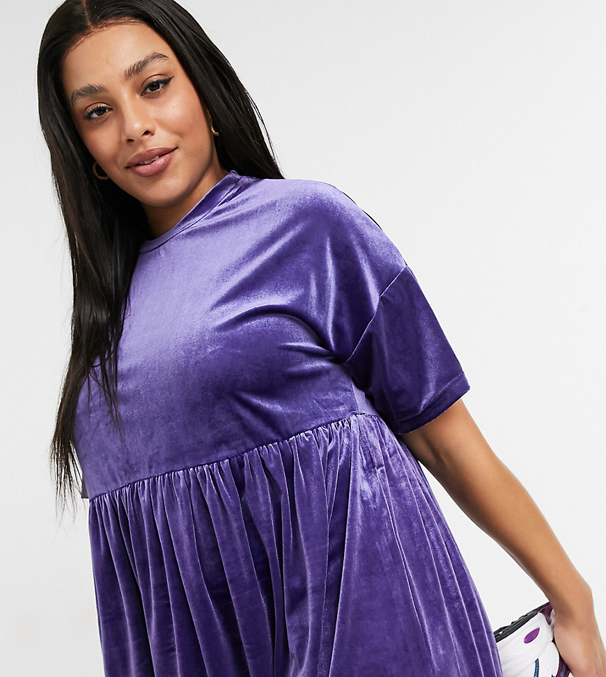 Urban Threads Curve velour mini smock dress in blue-Purple