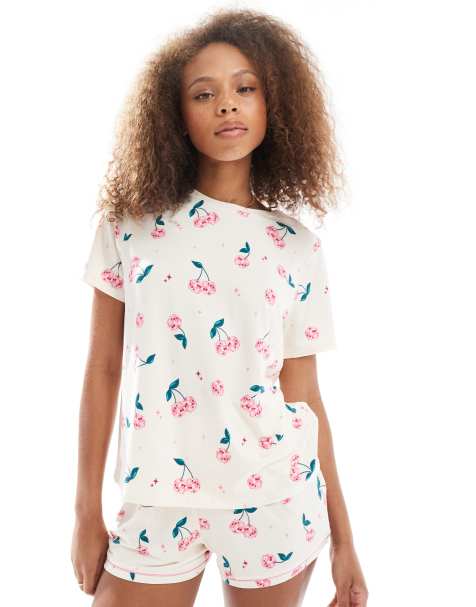Urban Threads disco cherry print pyjama set in pink - view 1