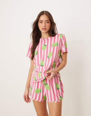 Urban Threads - Ensemble de pyjama en jersey avec short et t-shirt à rayures et imprimé citrons - Rose