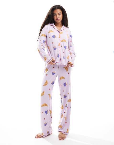 Urban Threads - Ensemble de pyjama manches longues à revers avec imprimé petit-déjeuner - Lilas - view 1