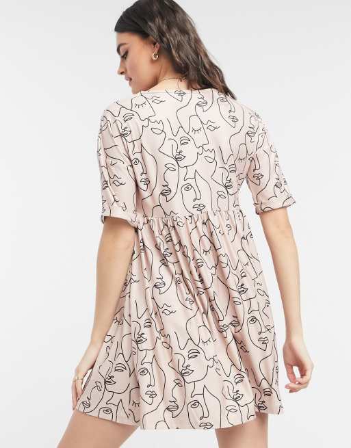 Urban Threads face print babydoll smock dress in pink, 2 of 4