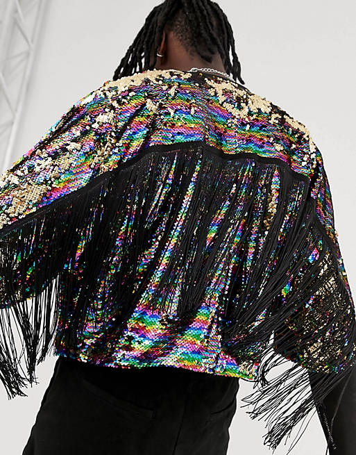 Urban Threads festival rainbow sequin fringed jacket