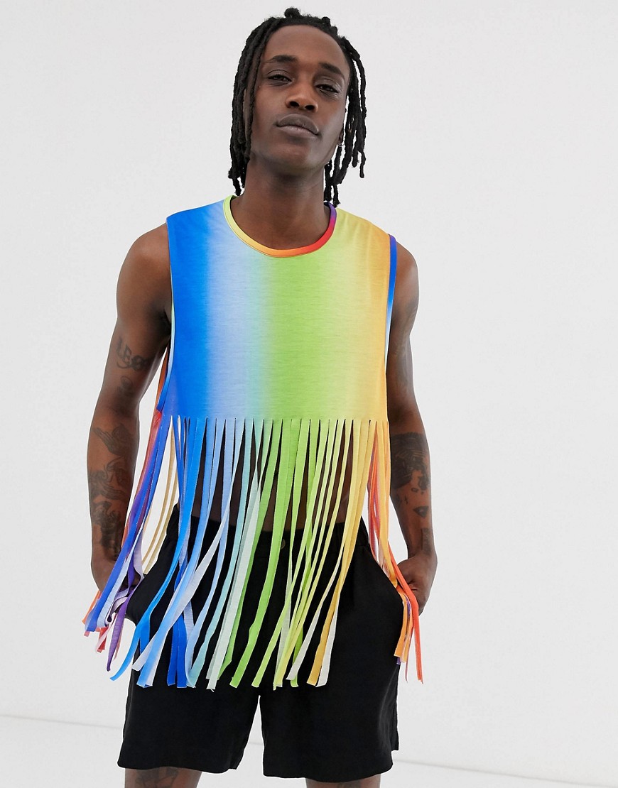 Urban Threads – Festival – Regnbågsfärgat kort linne med fransar-Flerfärgad