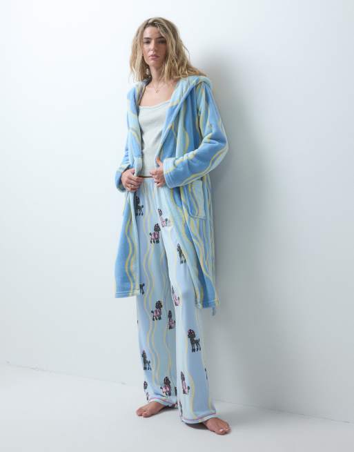 Urban Threads fleece badekåbe med hætte i blå bølgeprint, 2 af 4
