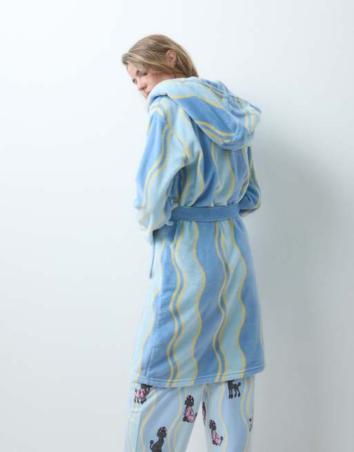 Urban Threads fleece badekåbe med hætte i blå bølgeprint, 4 af 4