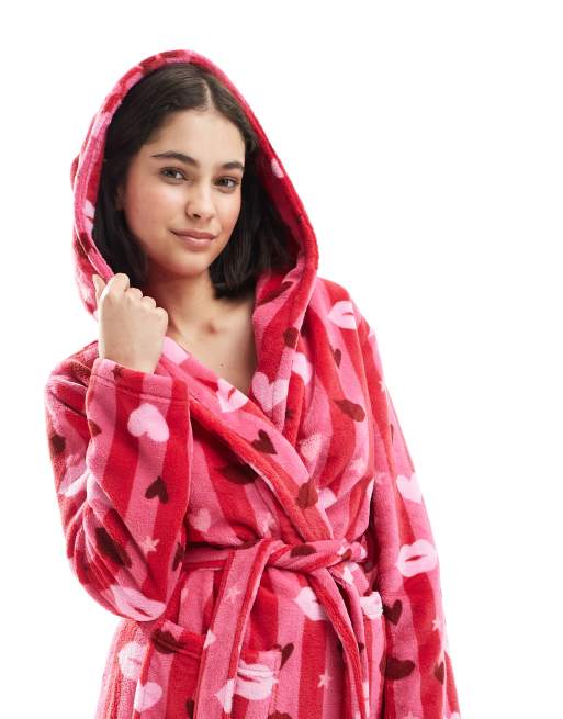 Urban Threads - Fleece badjas in roze hartenprint, 3 van 4