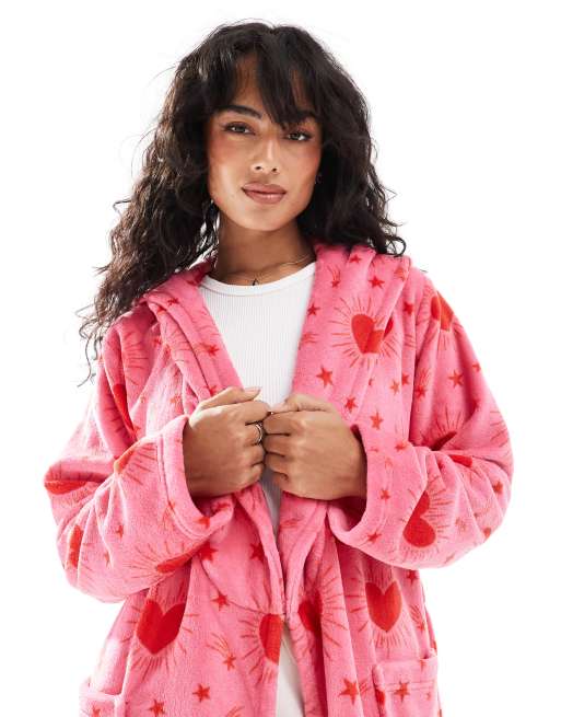 pink heart dressing gown OHS Teddy Marl Heart Print Dressing Gown