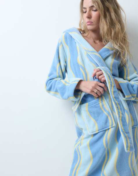Urban Threads fleece hooded dressing gown in blue wave print - view 1