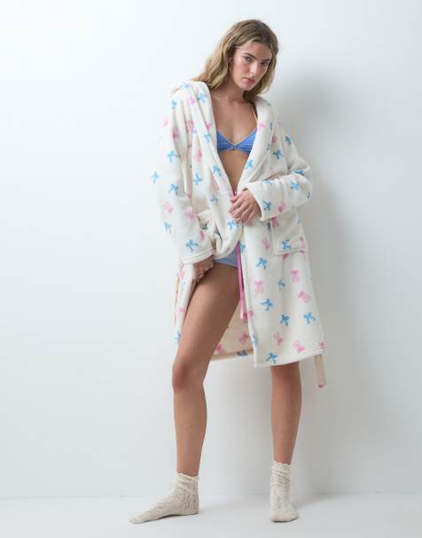 Urban Threads fleece hooded dressing gown in cream with pastel bow print - view 1
