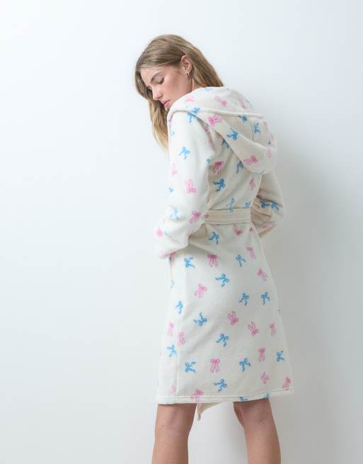 Urban Threads fleece hooded dressing gown in Cream with pastle bow print, 3 of 4
